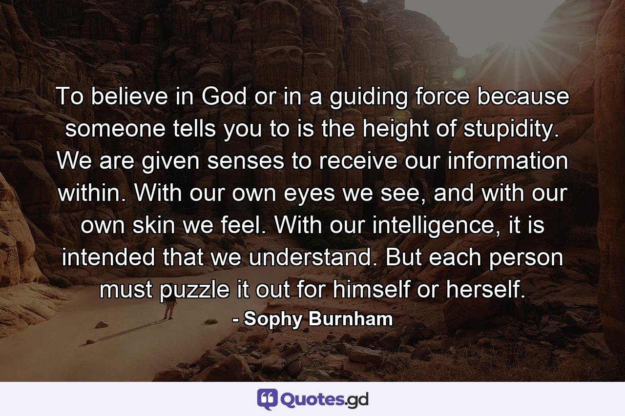 To believe in God or in a guiding force because someone tells you to is the height of stupidity. We are given senses to receive our information within. With our own eyes we see, and with our own skin we feel. With our intelligence, it is intended that we understand. But each person must puzzle it out for himself or herself. - Quote by Sophy Burnham