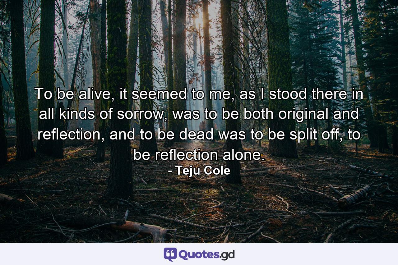 To be alive, it seemed to me, as I stood there in all kinds of sorrow, was to be both original and reflection, and to be dead was to be split off, to be reflection alone. - Quote by Teju Cole