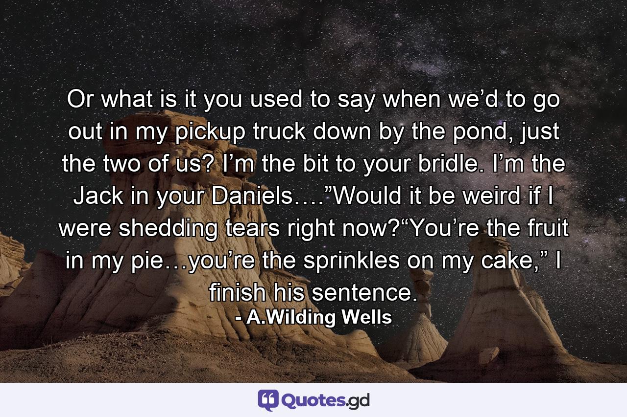 Or what is it you used to say when we’d to go out in my pickup truck down by the pond, just the two of us? I’m the bit to your bridle. I’m the Jack in your Daniels….”Would it be weird if I were shedding tears right now?“You’re the fruit in my pie…you’re the sprinkles on my cake,” I finish his sentence. - Quote by A.Wilding Wells