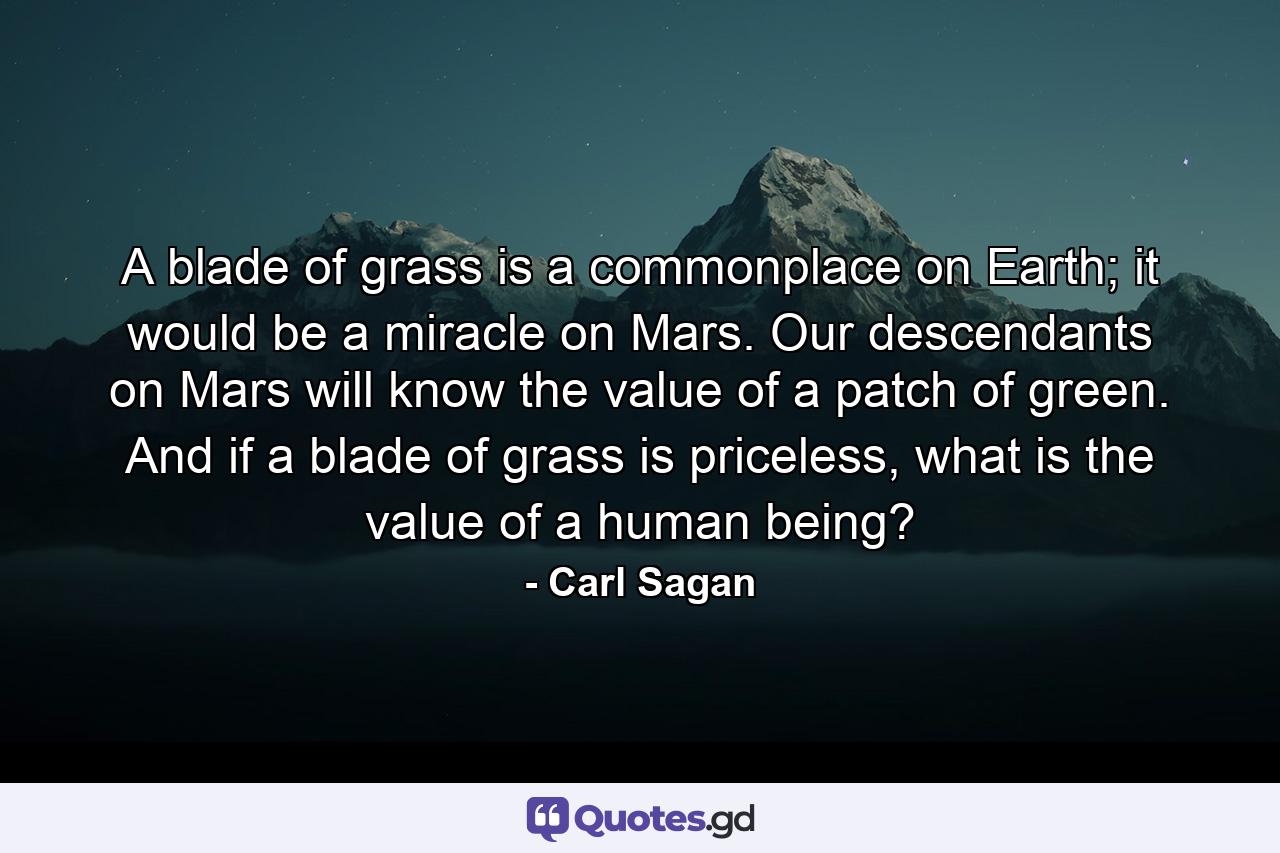 A blade of grass is a commonplace on Earth; it would be a miracle on Mars. Our descendants on Mars will know the value of a patch of green. And if a blade of grass is priceless, what is the value of a human being? - Quote by Carl Sagan