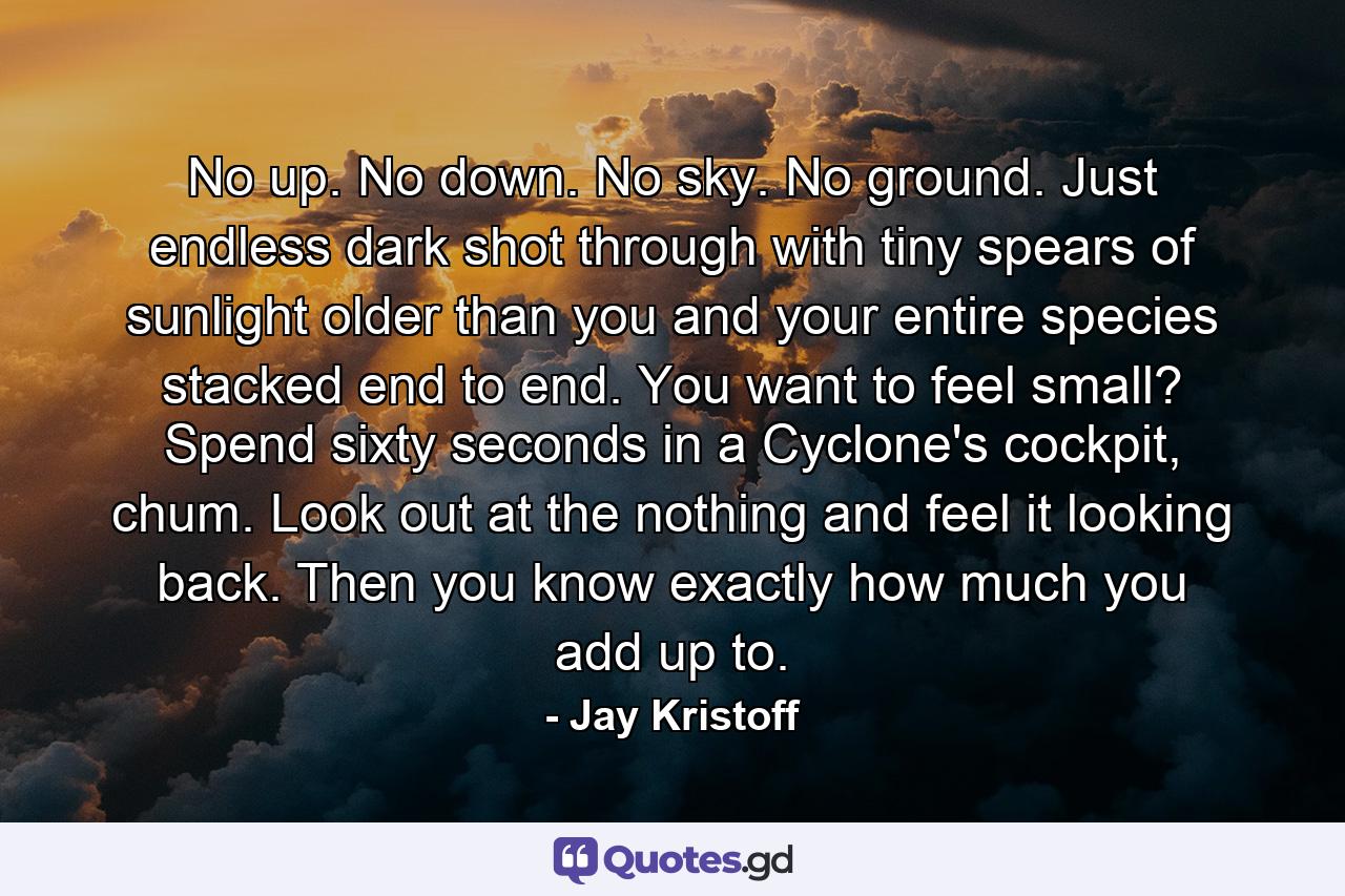 No up. No down. No sky. No ground. Just endless dark shot through with tiny spears of sunlight older than you and your entire species stacked end to end. You want to feel small? Spend sixty seconds in a Cyclone's cockpit, chum. Look out at the nothing and feel it looking back. Then you know exactly how much you add up to. - Quote by Jay Kristoff