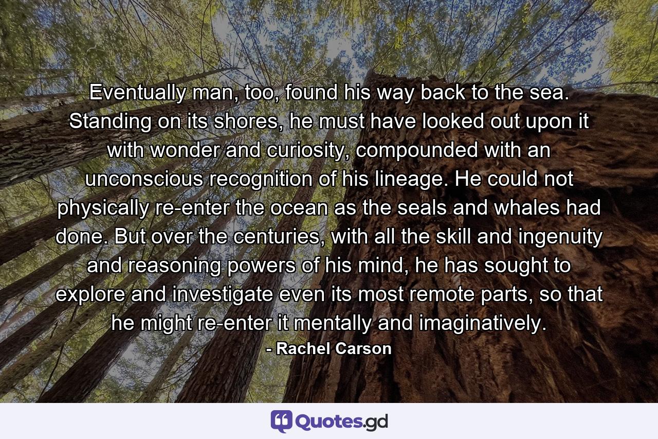 Eventually man, too, found his way back to the sea. Standing on its shores, he must have looked out upon it with wonder and curiosity, compounded with an unconscious recognition of his lineage. He could not physically re-enter the ocean as the seals and whales had done. But over the centuries, with all the skill and ingenuity and reasoning powers of his mind, he has sought to explore and investigate even its most remote parts, so that he might re-enter it mentally and imaginatively. - Quote by Rachel Carson