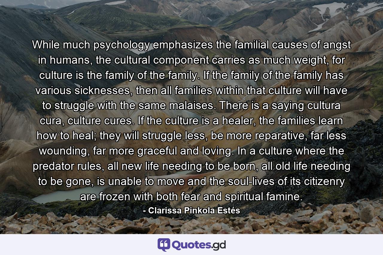 While much psychology emphasizes the familial causes of angst in humans, the cultural component carries as much weight, for culture is the family of the family. If the family of the family has various sicknesses, then all families within that culture will have to struggle with the same malaises. There is a saying cultura cura, culture cures. If the culture is a healer, the families learn how to heal; they will struggle less, be more reparative, far less wounding, far more graceful and loving. In a culture where the predator rules, all new life needing to be born, all old life needing to be gone, is unable to move and the soul-lives of its citizenry are frozen with both fear and spiritual famine. - Quote by Clarissa Pinkola Estés