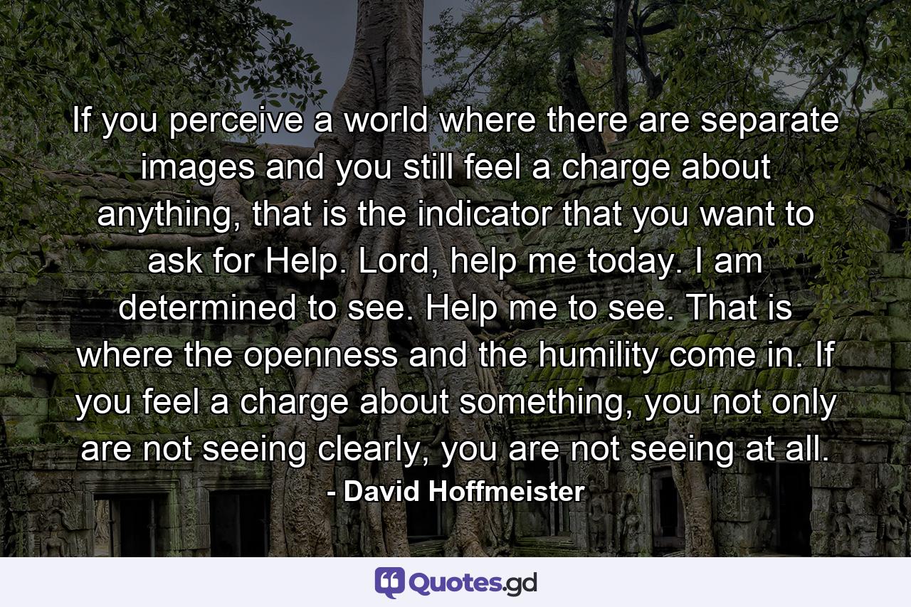 If you perceive a world where there are separate images and you still feel a charge about anything, that is the indicator that you want to ask for Help. Lord, help me today. I am determined to see. Help me to see. That is where the openness and the humility come in. If you feel a charge about something, you not only are not seeing clearly, you are not seeing at all. - Quote by David Hoffmeister