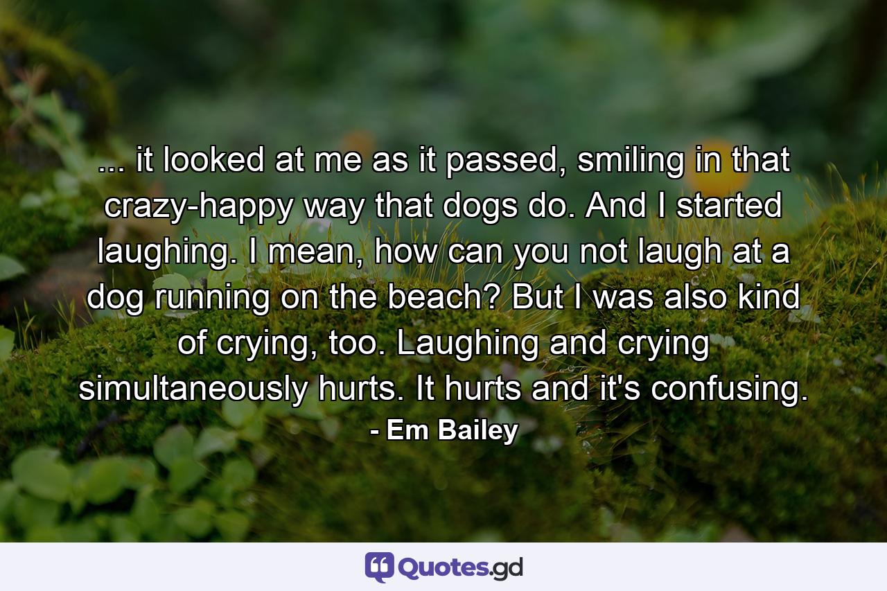 ... it looked at me as it passed, smiling in that crazy-happy way that dogs do. And I started laughing. I mean, how can you not laugh at a dog running on the beach? But I was also kind of crying, too. Laughing and crying simultaneously hurts. It hurts and it's confusing. - Quote by Em Bailey