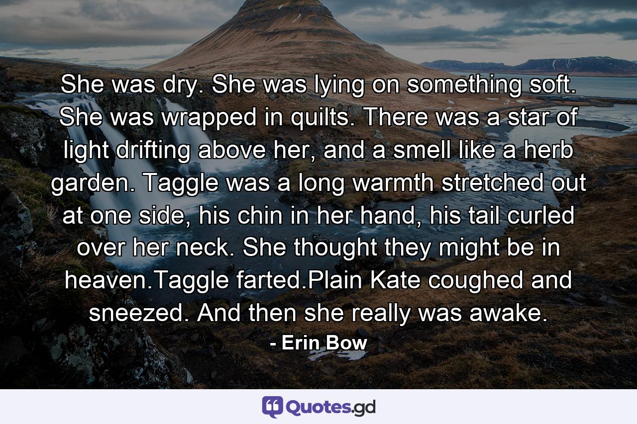 She was dry. She was lying on something soft. She was wrapped in quilts. There was a star of light drifting above her, and a smell like a herb garden. Taggle was a long warmth stretched out at one side, his chin in her hand, his tail curled over her neck. She thought they might be in heaven.Taggle farted.Plain Kate coughed and sneezed. And then she really was awake. - Quote by Erin Bow