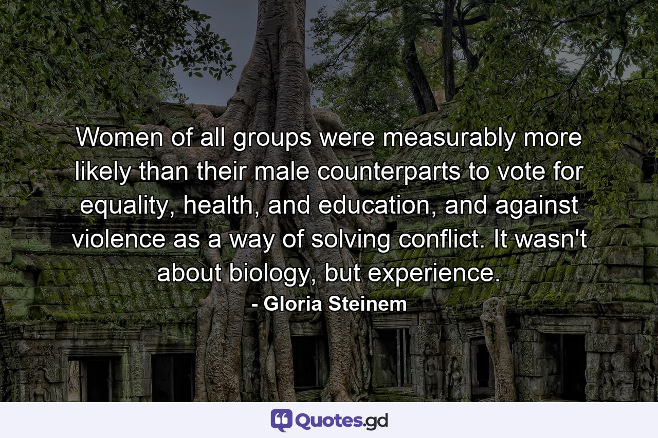 Women of all groups were measurably more likely than their male counterparts to vote for equality, health, and education, and against violence as a way of solving conflict. It wasn't about biology, but experience. - Quote by Gloria Steinem