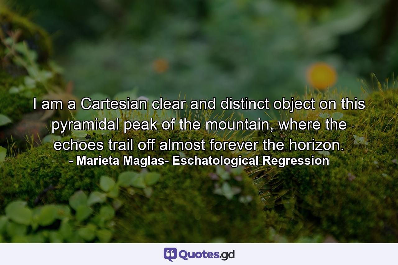 I am a Cartesian clear and distinct object on this pyramidal peak of the mountain, where the echoes trail off almost forever the horizon. - Quote by Marieta Maglas- Eschatological Regression