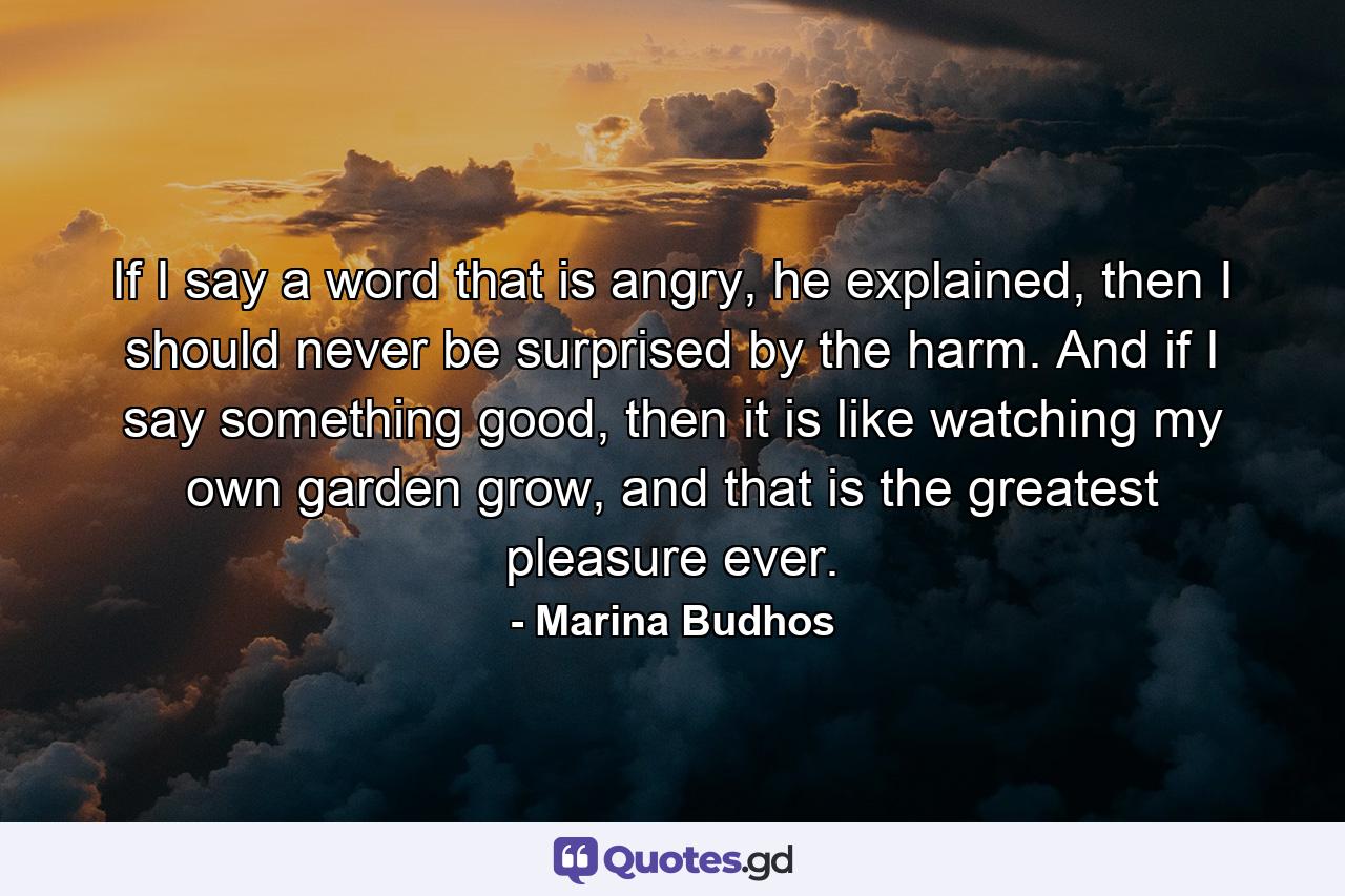 If I say a word that is angry, he explained, then I should never be surprised by the harm. And if I say something good, then it is like watching my own garden grow, and that is the greatest pleasure ever. - Quote by Marina Budhos