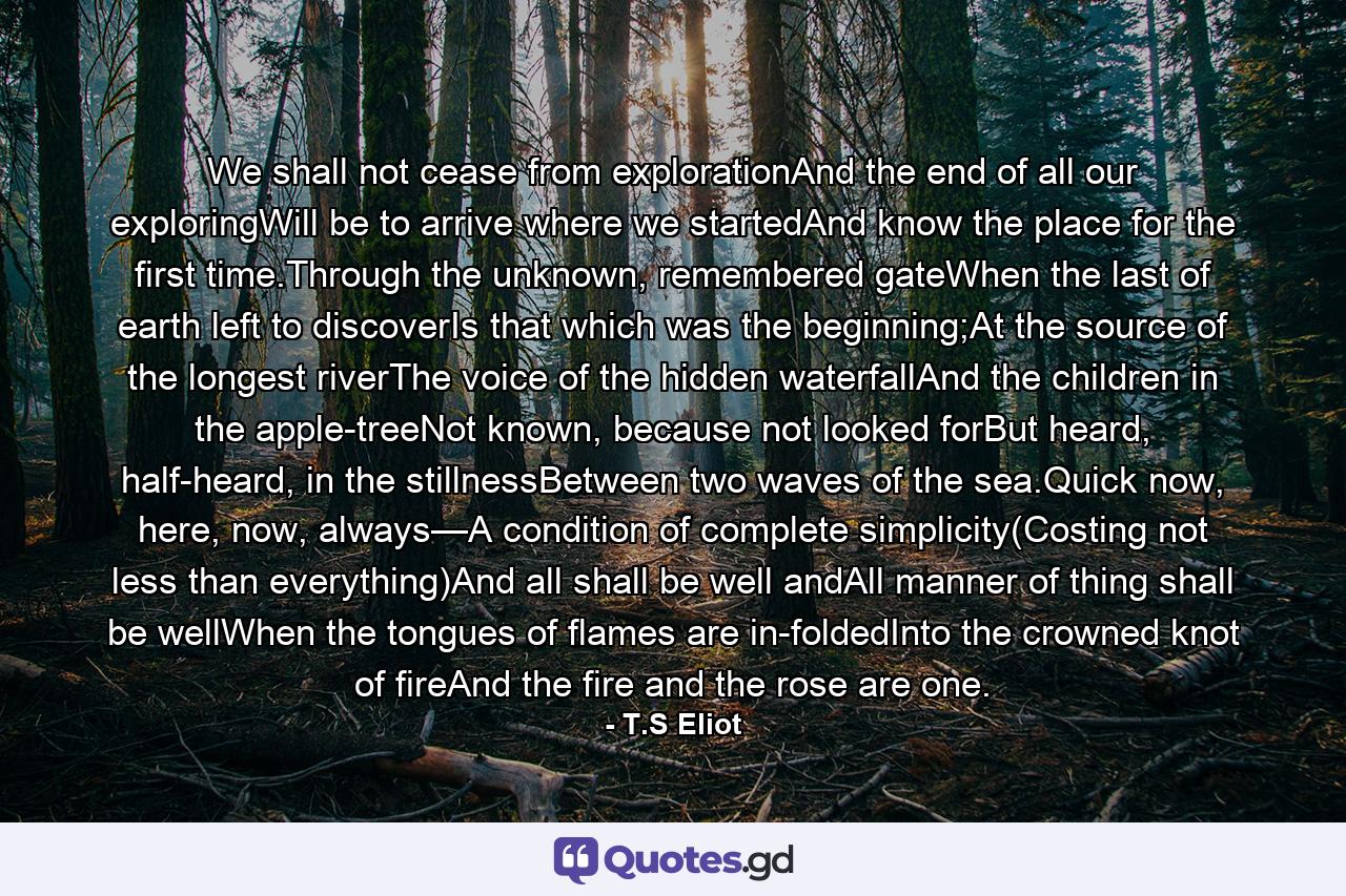 We shall not cease from explorationAnd the end of all our exploringWill be to arrive where we startedAnd know the place for the first time.Through the unknown, remembered gateWhen the last of earth left to discoverIs that which was the beginning;At the source of the longest riverThe voice of the hidden waterfallAnd the children in the apple-treeNot known, because not looked forBut heard, half-heard, in the stillnessBetween two waves of the sea.Quick now, here, now, always—A condition of complete simplicity(Costing not less than everything)And all shall be well andAll manner of thing shall be wellWhen the tongues of flames are in-foldedInto the crowned knot of fireAnd the fire and the rose are one. - Quote by T.S Eliot