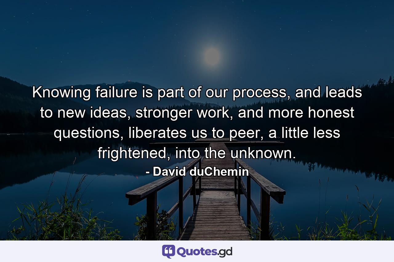 Knowing failure is part of our process, and leads to new ideas, stronger work, and more honest questions, liberates us to peer, a little less frightened, into the unknown. - Quote by David duChemin