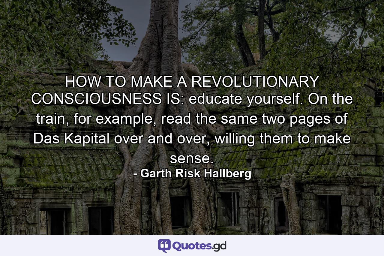 HOW TO MAKE A REVOLUTIONARY CONSCIOUSNESS IS: educate yourself. On the train, for example, read the same two pages of Das Kapital over and over, willing them to make sense. - Quote by Garth Risk Hallberg