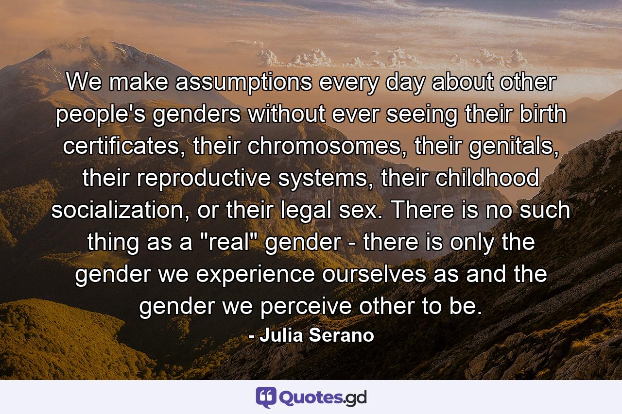 We make assumptions every day about other people's genders without ever seeing their birth certificates, their chromosomes, their genitals, their reproductive systems, their childhood socialization, or their legal sex. There is no such thing as a 