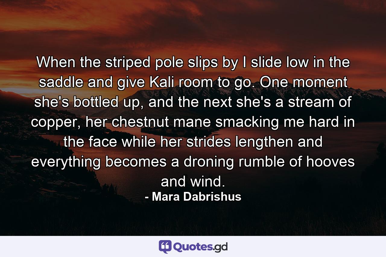 When the striped pole slips by I slide low in the saddle and give Kali room to go. One moment she's bottled up, and the next she's a stream of copper, her chestnut mane smacking me hard in the face while her strides lengthen and everything becomes a droning rumble of hooves and wind. - Quote by Mara Dabrishus