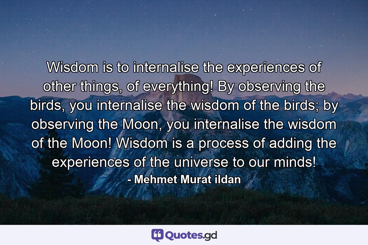 Wisdom is to internalise the experiences of other things, of everything! By observing the birds, you internalise the wisdom of the birds; by observing the Moon, you internalise the wisdom of the Moon! Wisdom is a process of adding the experiences of the universe to our minds! - Quote by Mehmet Murat ildan