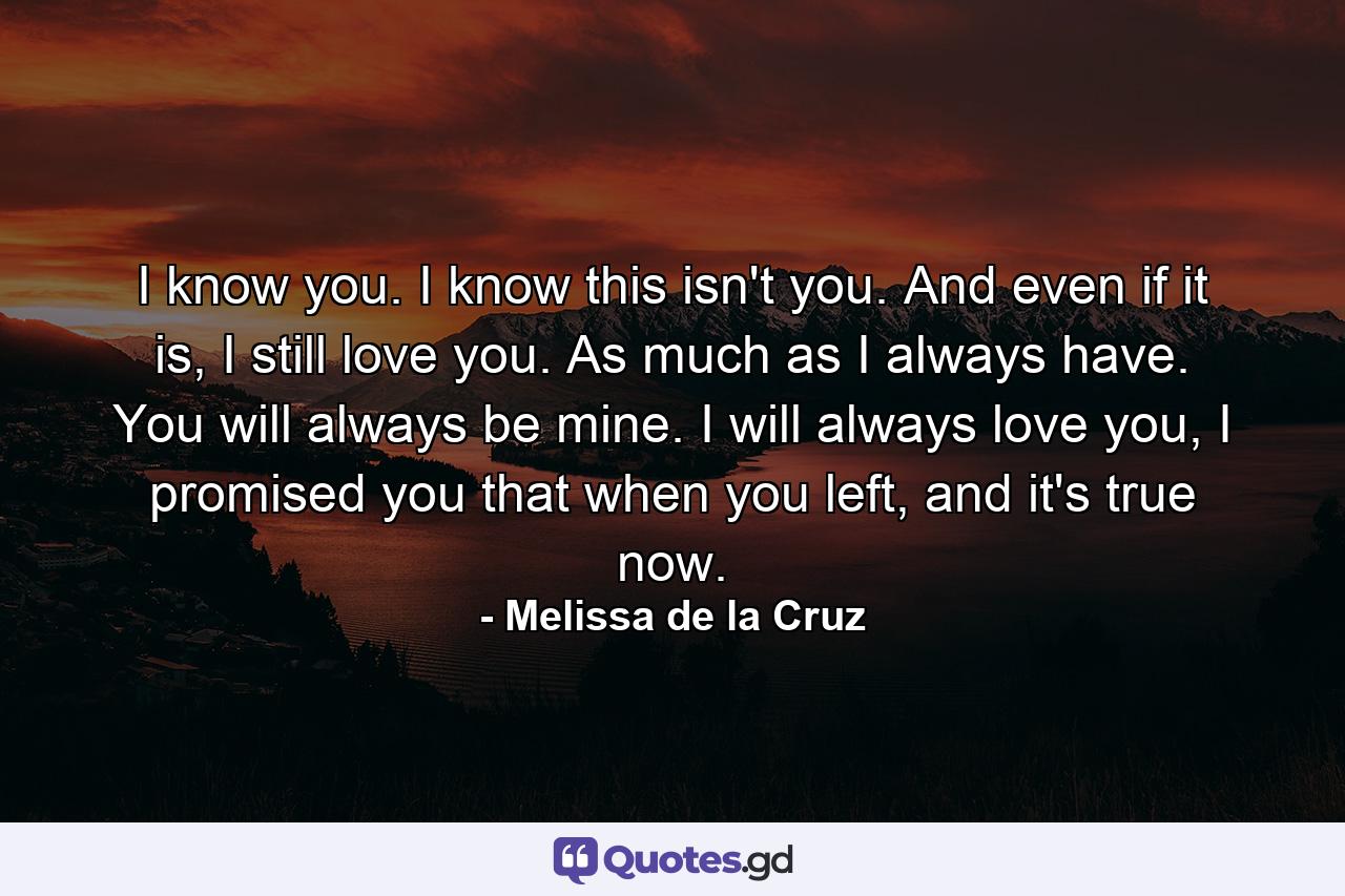 I know you. I know this isn't you. And even if it is, I still love you. As much as I always have. You will always be mine. I will always love you, I promised you that when you left, and it's true now. - Quote by Melissa de la Cruz