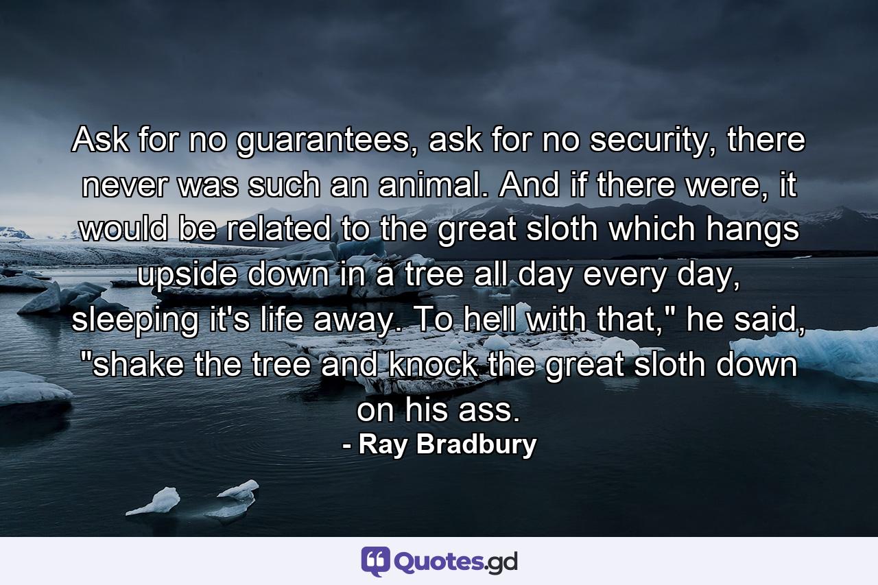 Ask for no guarantees, ask for no security, there never was such an animal. And if there were, it would be related to the great sloth which hangs upside down in a tree all day every day, sleeping it's life away. To hell with that,