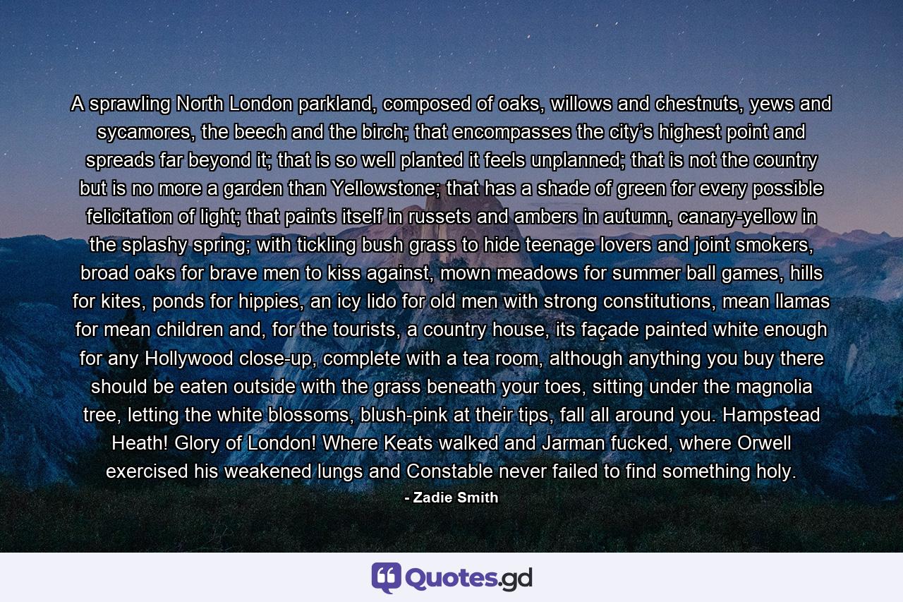 A sprawling North London parkland, composed of oaks, willows and chestnuts, yews and sycamores, the beech and the birch; that encompasses the city’s highest point and spreads far beyond it; that is so well planted it feels unplanned; that is not the country but is no more a garden than Yellowstone; that has a shade of green for every possible felicitation of light; that paints itself in russets and ambers in autumn, canary-yellow in the splashy spring; with tickling bush grass to hide teenage lovers and joint smokers, broad oaks for brave men to kiss against, mown meadows for summer ball games, hills for kites, ponds for hippies, an icy lido for old men with strong constitutions, mean llamas for mean children and, for the tourists, a country house, its façade painted white enough for any Hollywood close-up, complete with a tea room, although anything you buy there should be eaten outside with the grass beneath your toes, sitting under the magnolia tree, letting the white blossoms, blush-pink at their tips, fall all around you. Hampstead Heath! Glory of London! Where Keats walked and Jarman fucked, where Orwell exercised his weakened lungs and Constable never failed to find something holy. - Quote by Zadie Smith