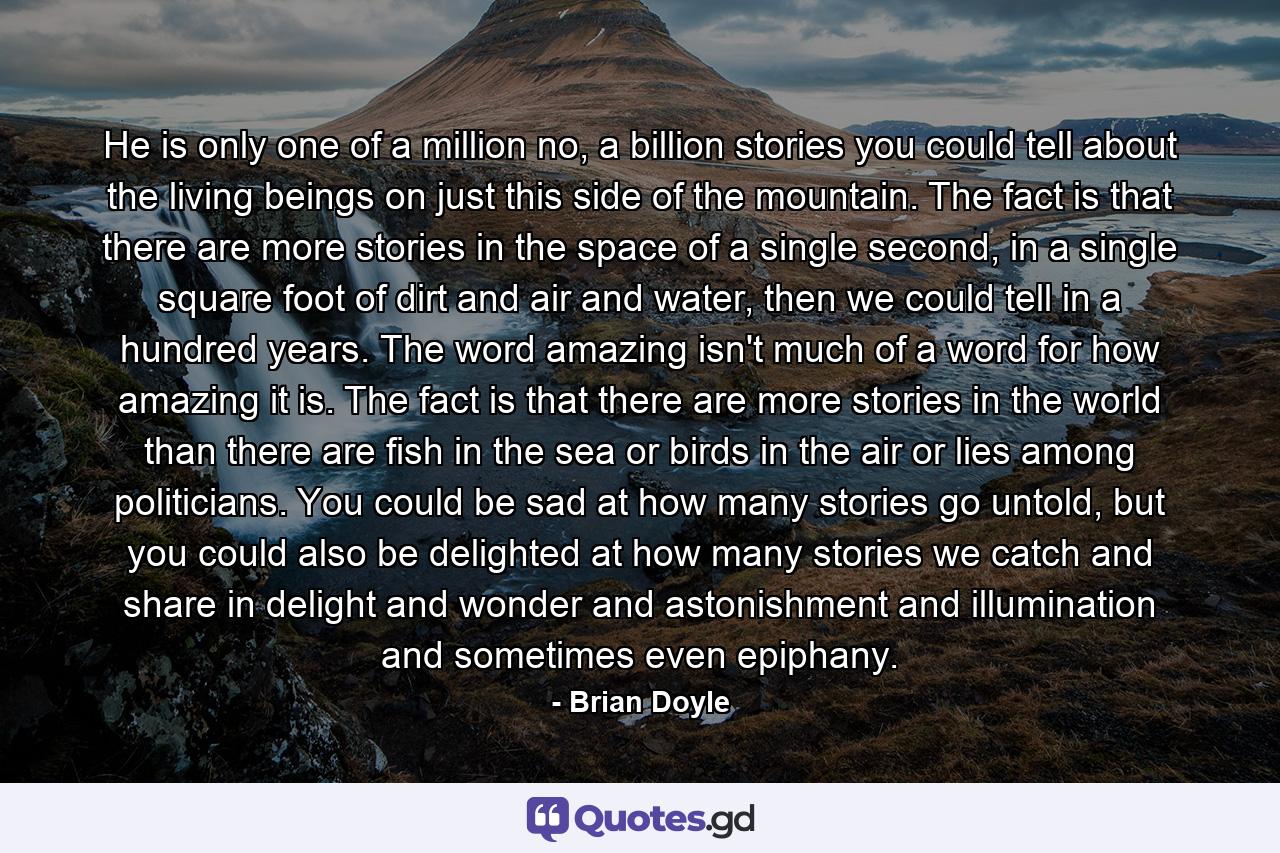 He is only one of a million no, a billion stories you could tell about the living beings on just this side of the mountain. The fact is that there are more stories in the space of a single second, in a single square foot of dirt and air and water, then we could tell in a hundred years. The word amazing isn't much of a word for how amazing it is. The fact is that there are more stories in the world than there are fish in the sea or birds in the air or lies among politicians. You could be sad at how many stories go untold, but you could also be delighted at how many stories we catch and share in delight and wonder and astonishment and illumination and sometimes even epiphany. - Quote by Brian Doyle