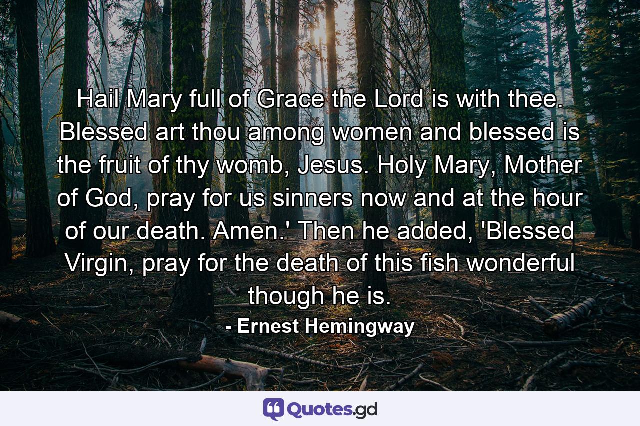 Hail Mary full of Grace the Lord is with thee. Blessed art thou among women and blessed is the fruit of thy womb, Jesus. Holy Mary, Mother of God, pray for us sinners now and at the hour of our death. Amen.' Then he added, 'Blessed Virgin, pray for the death of this fish wonderful though he is. - Quote by Ernest Hemingway