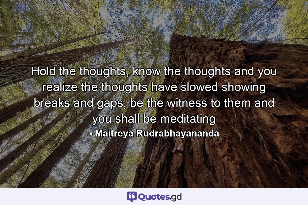 Hold the thoughts, know the thoughts and you realize the thoughts have slowed showing breaks and gaps, be the witness to them and you shall be meditating - Quote by Maitreya Rudrabhayananda