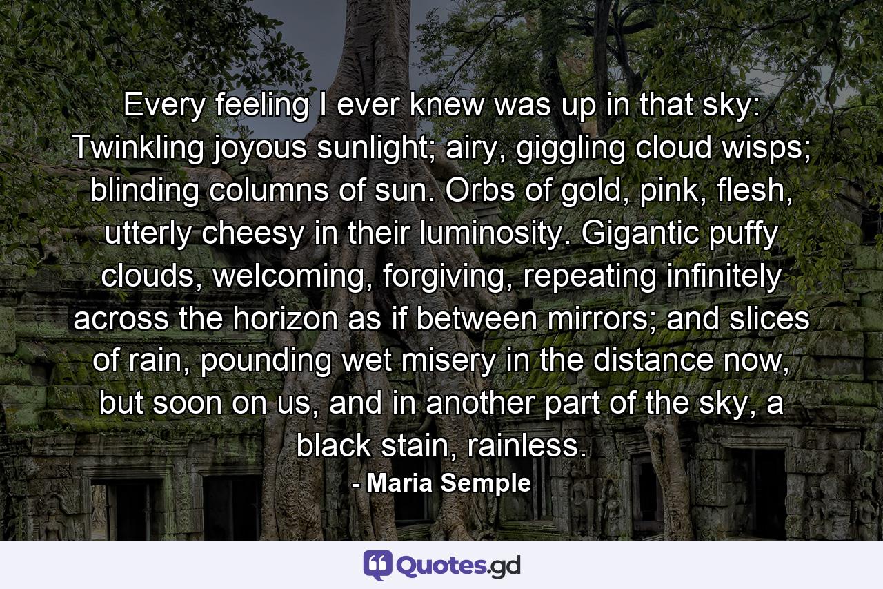 Every feeling I ever knew was up in that sky: Twinkling joyous sunlight; airy, giggling cloud wisps; blinding columns of sun. Orbs of gold, pink, flesh, utterly cheesy in their luminosity. Gigantic puffy clouds, welcoming, forgiving, repeating infinitely across the horizon as if between mirrors; and slices of rain, pounding wet misery in the distance now, but soon on us, and in another part of the sky, a black stain, rainless. - Quote by Maria Semple
