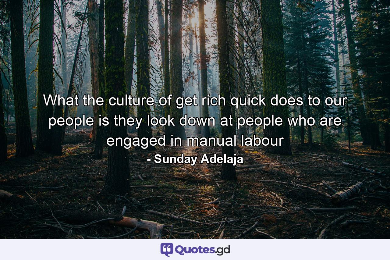 What the culture of get rich quick does to our people is they look down at people who are engaged in manual labour - Quote by Sunday Adelaja