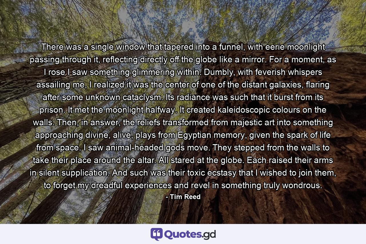 There was a single window that tapered into a funnel, with eerie moonlight passing through it, reflecting directly off the globe like a mirror. For a moment, as I rose I saw something glimmering within. Dumbly, with feverish whispers assailing me, I realized it was the center of one of the distant galaxies, flaring after some unknown cataclysm. Its radiance was such that it burst from its prison. It met the moonlight halfway. It created kaleidoscopic colours on the walls. Then, in answer, the reliefs transformed from majestic art into something approaching divine, alive, plays from Egyptian memory, given the spark of life from space. I saw animal-headed gods move. They stepped from the walls to take their place around the altar. All stared at the globe. Each raised their arms in silent supplication. And such was their toxic ecstasy that I wished to join them, to forget my dreadful experiences and revel in something truly wondrous. - Quote by Tim Reed