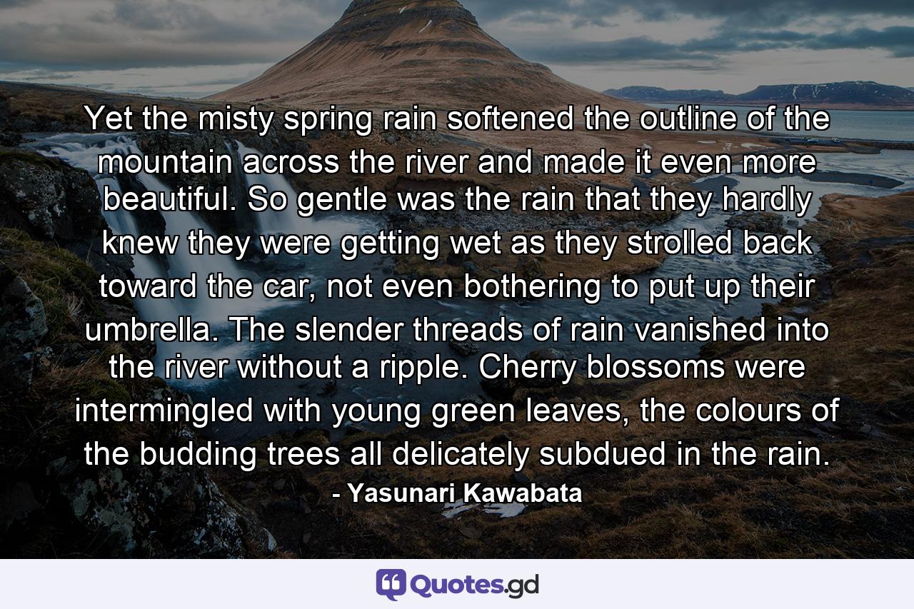 Yet the misty spring rain softened the outline of the mountain across the river and made it even more beautiful. So gentle was the rain that they hardly knew they were getting wet as they strolled back toward the car, not even bothering to put up their umbrella. The slender threads of rain vanished into the river without a ripple. Cherry blossoms were intermingled with young green leaves, the colours of the budding trees all delicately subdued in the rain. - Quote by Yasunari Kawabata