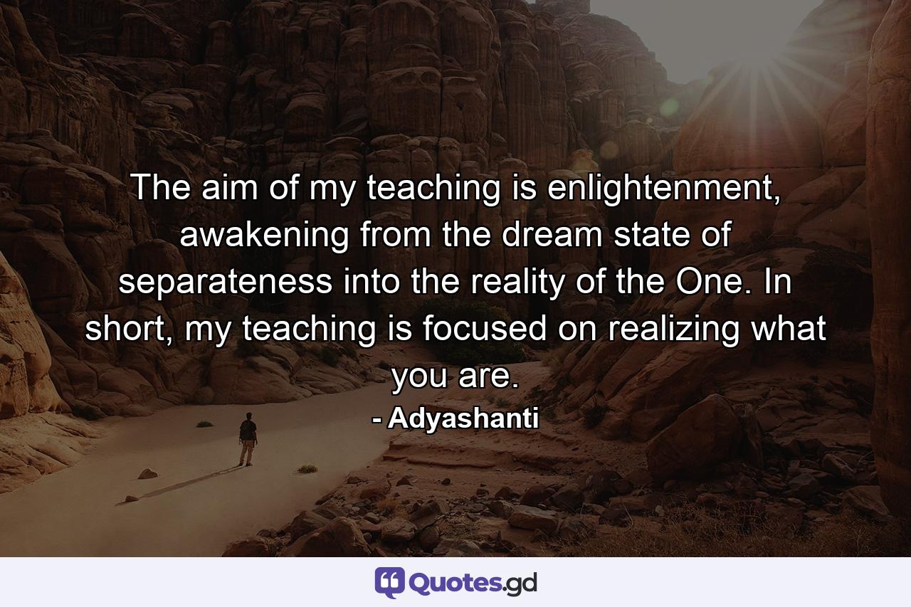 The aim of my teaching is enlightenment, awakening from the dream state of separateness into the reality of the One. In short, my teaching is focused on realizing what you are. - Quote by Adyashanti