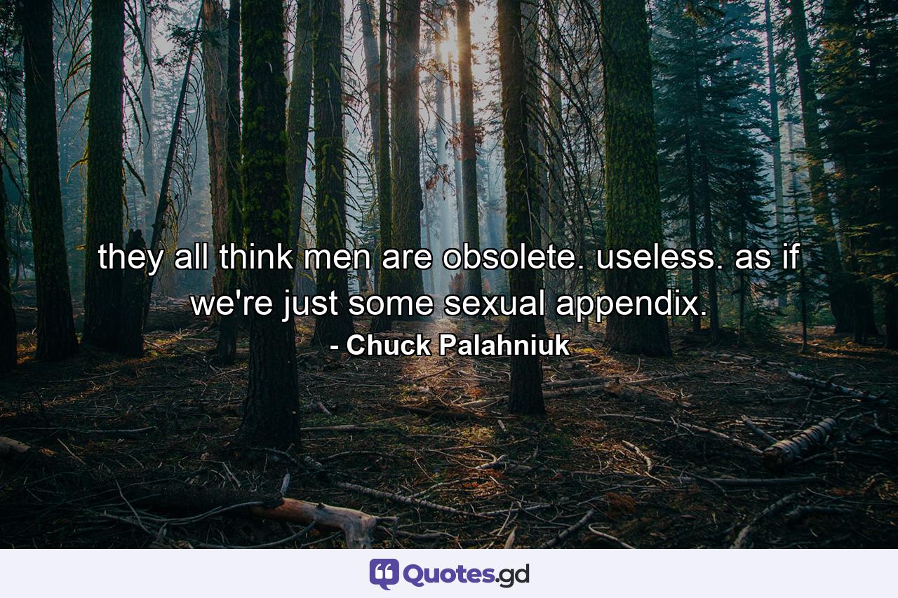 they all think men are obsolete. useless. as if we're just some sexual appendix. - Quote by Chuck Palahniuk