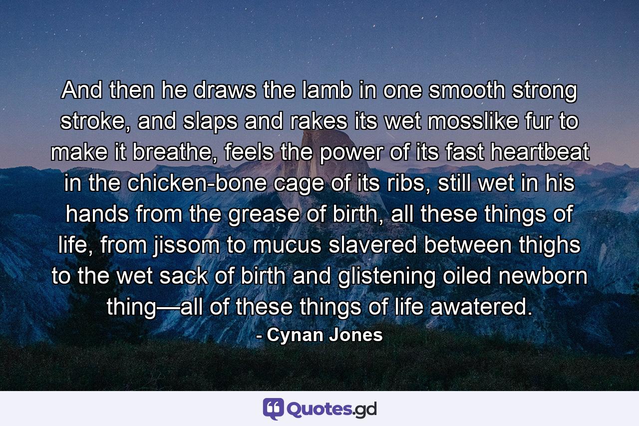 And then he draws the lamb in one smooth strong stroke, and slaps and rakes its wet mosslike fur to make it breathe, feels the power of its fast heartbeat in the chicken-bone cage of its ribs, still wet in his hands from the grease of birth, all these things of life, from jissom to mucus slavered between thighs to the wet sack of birth and glistening oiled newborn thing—all of these things of life awatered. - Quote by Cynan Jones