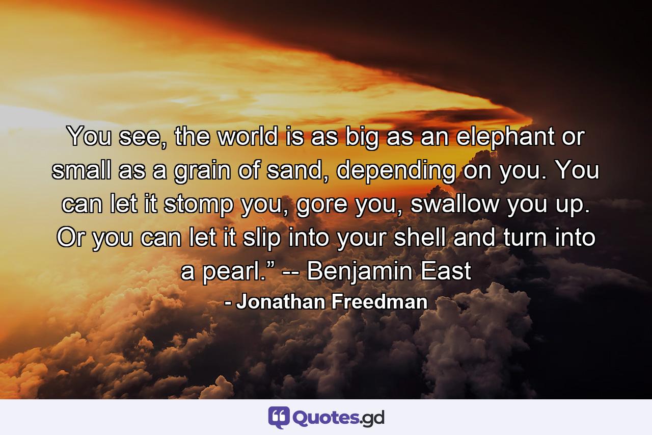 You see, the world is as big as an elephant or small as a grain of sand, depending on you. You can let it stomp you, gore you, swallow you up. Or you can let it slip into your shell and turn into a pearl.” -- Benjamin East - Quote by Jonathan Freedman