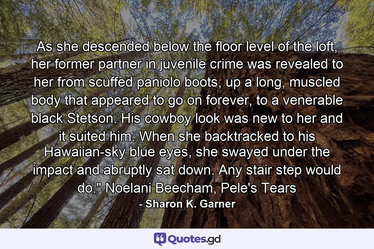 As she descended below the floor level of the loft, her former partner in juvenile crime was revealed to her from scuffed paniolo boots, up a long, muscled body that appeared to go on forever, to a venerable black Stetson. His cowboy look was new to her and it suited him. When she backtracked to his Hawaiian-sky blue eyes, she swayed under the impact and abruptly sat down. Any stair step would do.