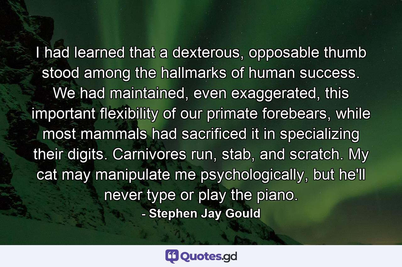 I had learned that a dexterous, opposable thumb stood among the hallmarks of human success. We had maintained, even exaggerated, this important flexibility of our primate forebears, while most mammals had sacrificed it in specializing their digits. Carnivores run, stab, and scratch. My cat may manipulate me psychologically, but he'll never type or play the piano. - Quote by Stephen Jay Gould