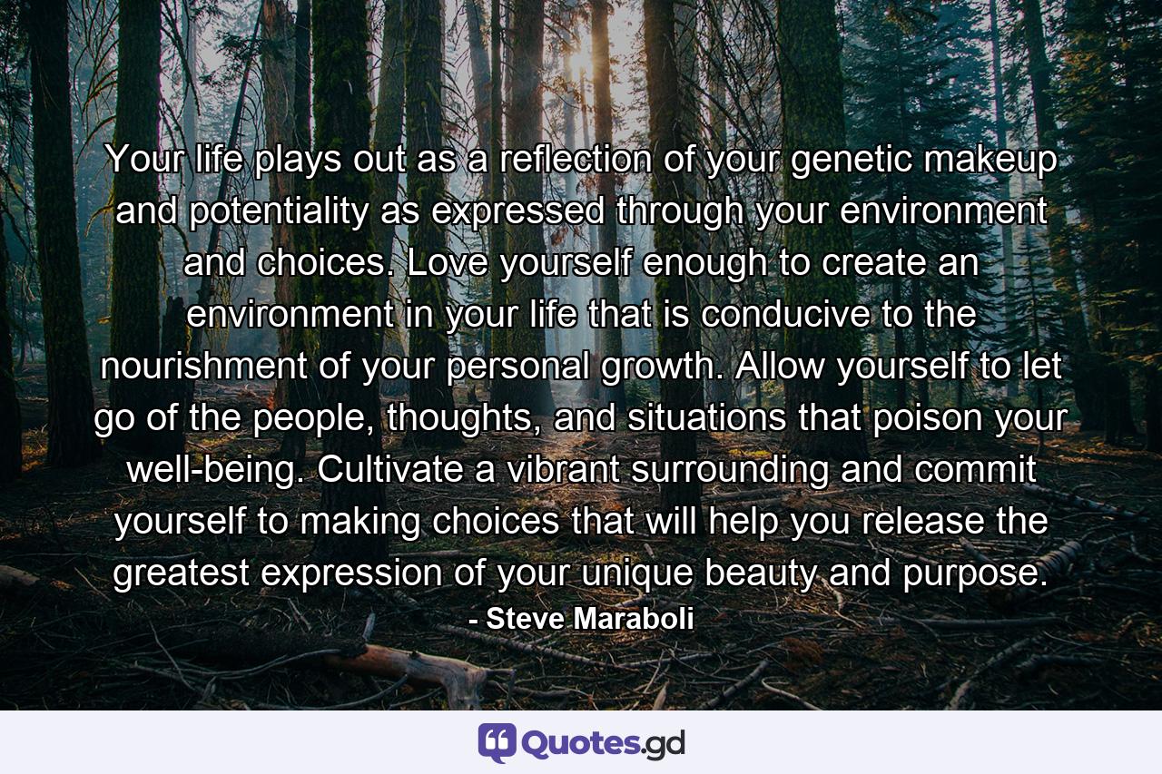 Your life plays out as a reflection of your genetic makeup and potentiality as expressed through your environment and choices. Love yourself enough to create an environment in your life that is conducive to the nourishment of your personal growth. Allow yourself to let go of the people, thoughts, and situations that poison your well-being. Cultivate a vibrant surrounding and commit yourself to making choices that will help you release the greatest expression of your unique beauty and purpose. - Quote by Steve Maraboli