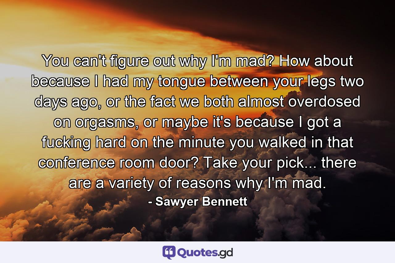 You can't figure out why I'm mad? How about because I had my tongue between your legs two days ago, or the fact we both almost overdosed on orgasms, or maybe it's because I got a fucking hard on the minute you walked in that conference room door? Take your pick... there are a variety of reasons why I'm mad. - Quote by Sawyer Bennett