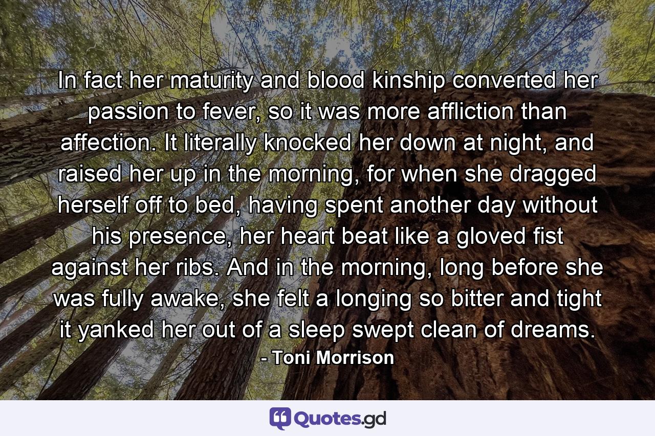 In fact her maturity and blood kinship converted her passion to fever, so it was more affliction than affection. It literally knocked her down at night, and raised her up in the morning, for when she dragged herself off to bed, having spent another day without his presence, her heart beat like a gloved fist against her ribs. And in the morning, long before she was fully awake, she felt a longing so bitter and tight it yanked her out of a sleep swept clean of dreams. - Quote by Toni Morrison