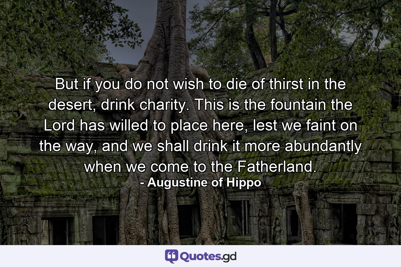 But if you do not wish to die of thirst in the desert, drink charity. This is the fountain the Lord has willed to place here, lest we faint on the way, and we shall drink it more abundantly when we come to the Fatherland. - Quote by Augustine of Hippo