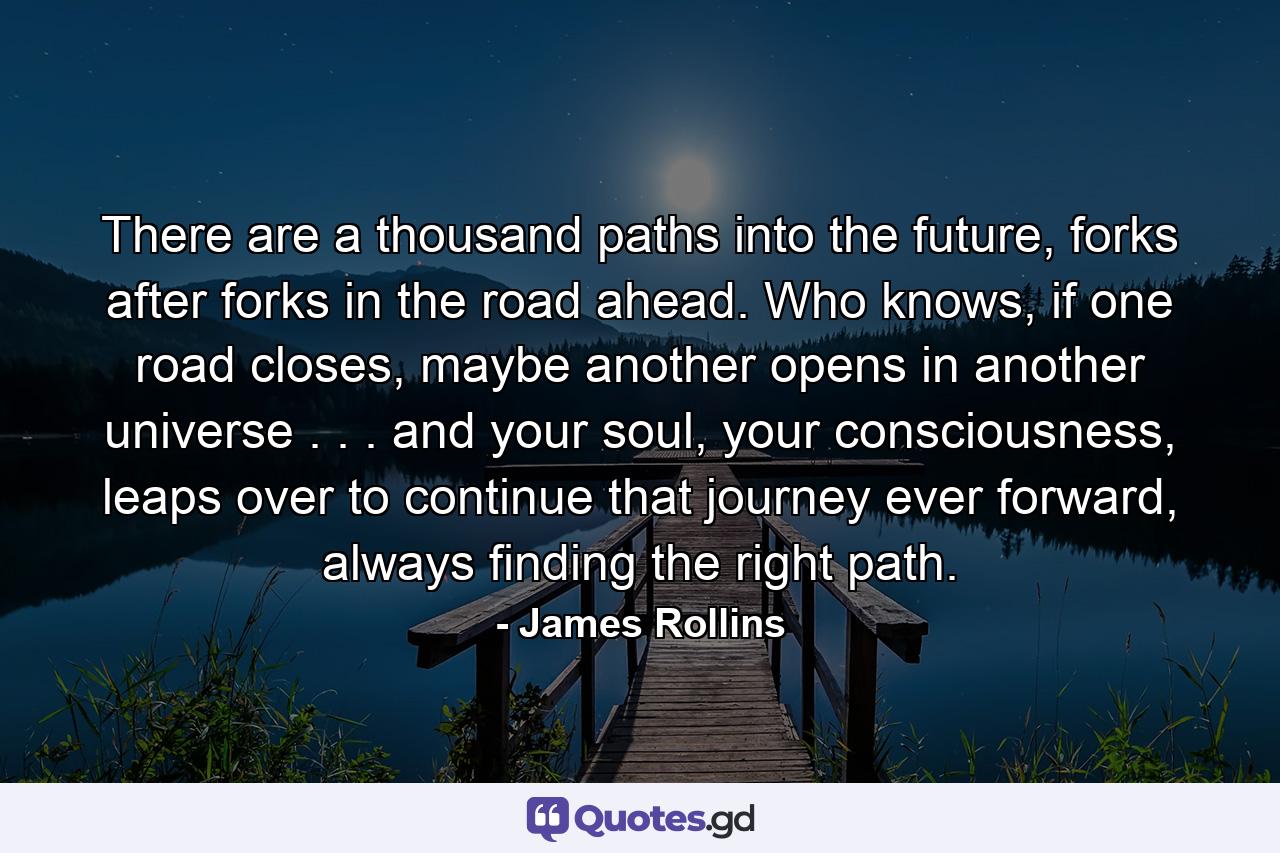 There are a thousand paths into the future, forks after forks in the road ahead. Who knows, if one road closes, maybe another opens in another universe . . . and your soul, your consciousness, leaps over to continue that journey ever forward, always finding the right path. - Quote by James Rollins