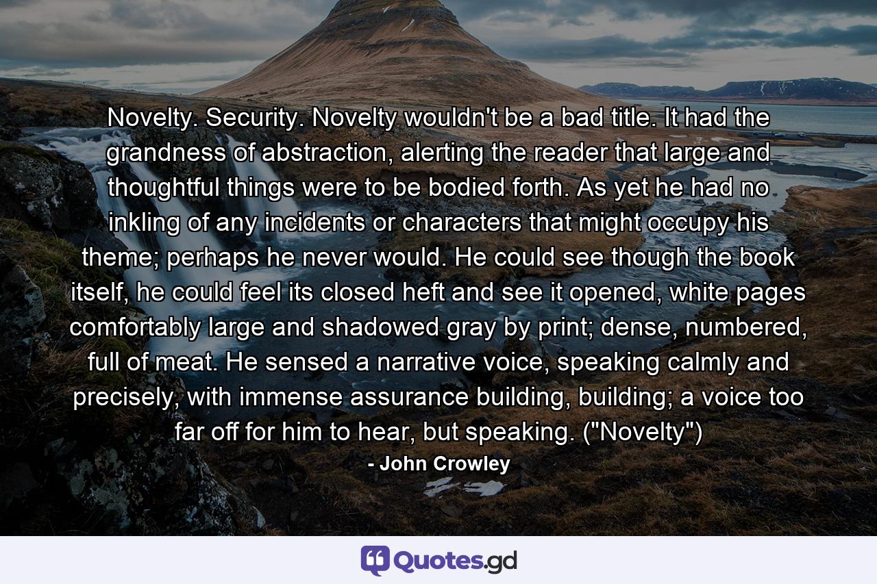 Novelty. Security. Novelty wouldn't be a bad title. It had the grandness of abstraction, alerting the reader that large and thoughtful things were to be bodied forth. As yet he had no inkling of any incidents or characters that might occupy his theme; perhaps he never would. He could see though the book itself, he could feel its closed heft and see it opened, white pages comfortably large and shadowed gray by print; dense, numbered, full of meat. He sensed a narrative voice, speaking calmly and precisely, with immense assurance building, building; a voice too far off for him to hear, but speaking. (