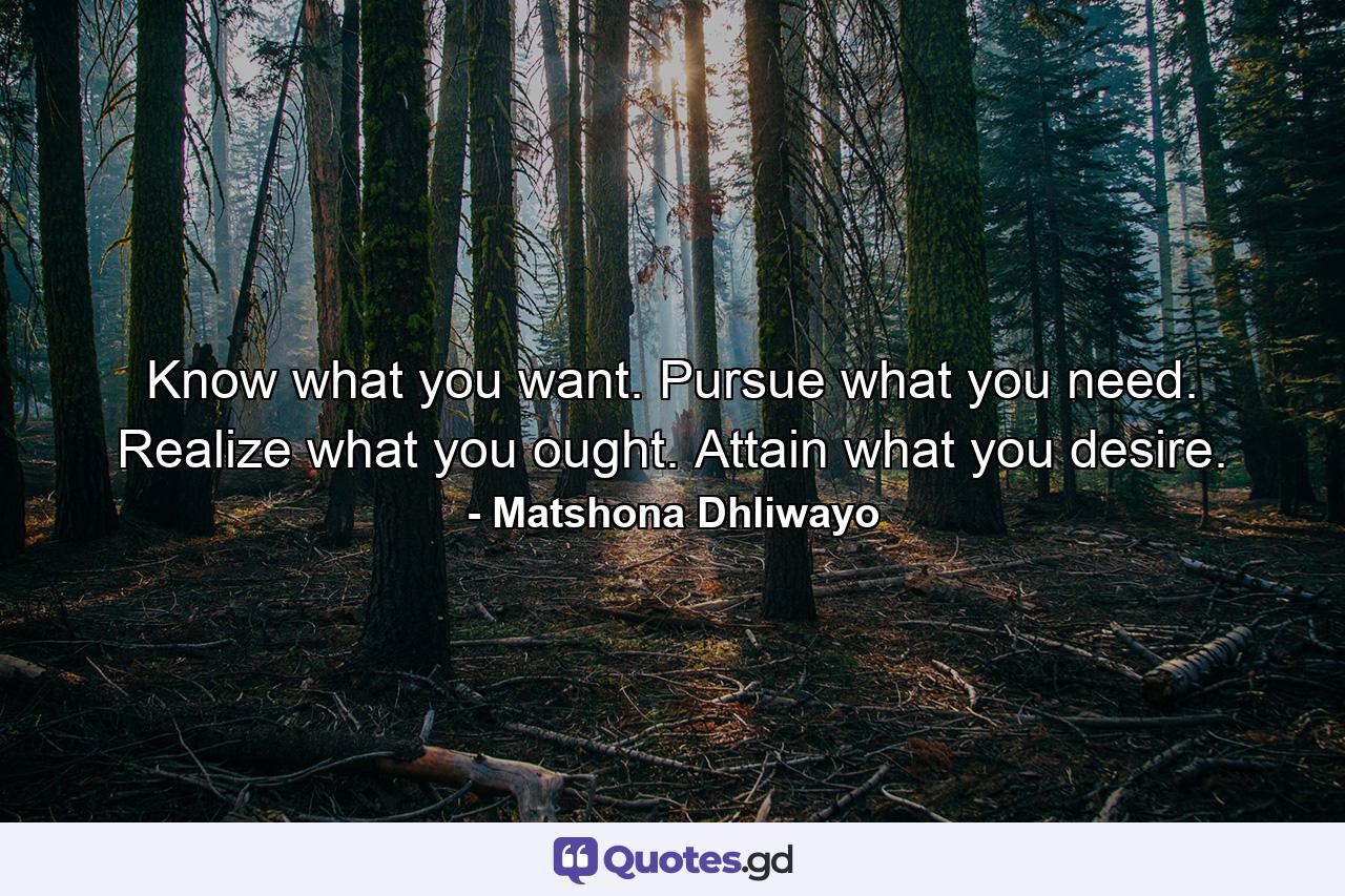 Know what you want. Pursue what you need. Realize what you ought. Attain what you desire. - Quote by Matshona Dhliwayo