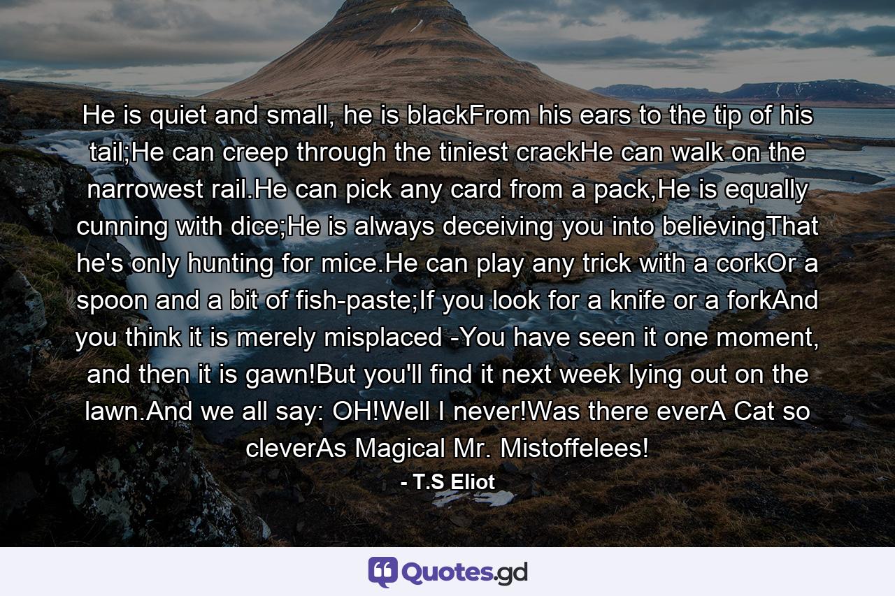 He is quiet and small, he is blackFrom his ears to the tip of his tail;He can creep through the tiniest crackHe can walk on the narrowest rail.He can pick any card from a pack,He is equally cunning with dice;He is always deceiving you into believingThat he's only hunting for mice.He can play any trick with a corkOr a spoon and a bit of fish-paste;If you look for a knife or a forkAnd you think it is merely misplaced -You have seen it one moment, and then it is gawn!But you'll find it next week lying out on the lawn.And we all say: OH!Well I never!Was there everA Cat so cleverAs Magical Mr. Mistoffelees! - Quote by T.S Eliot