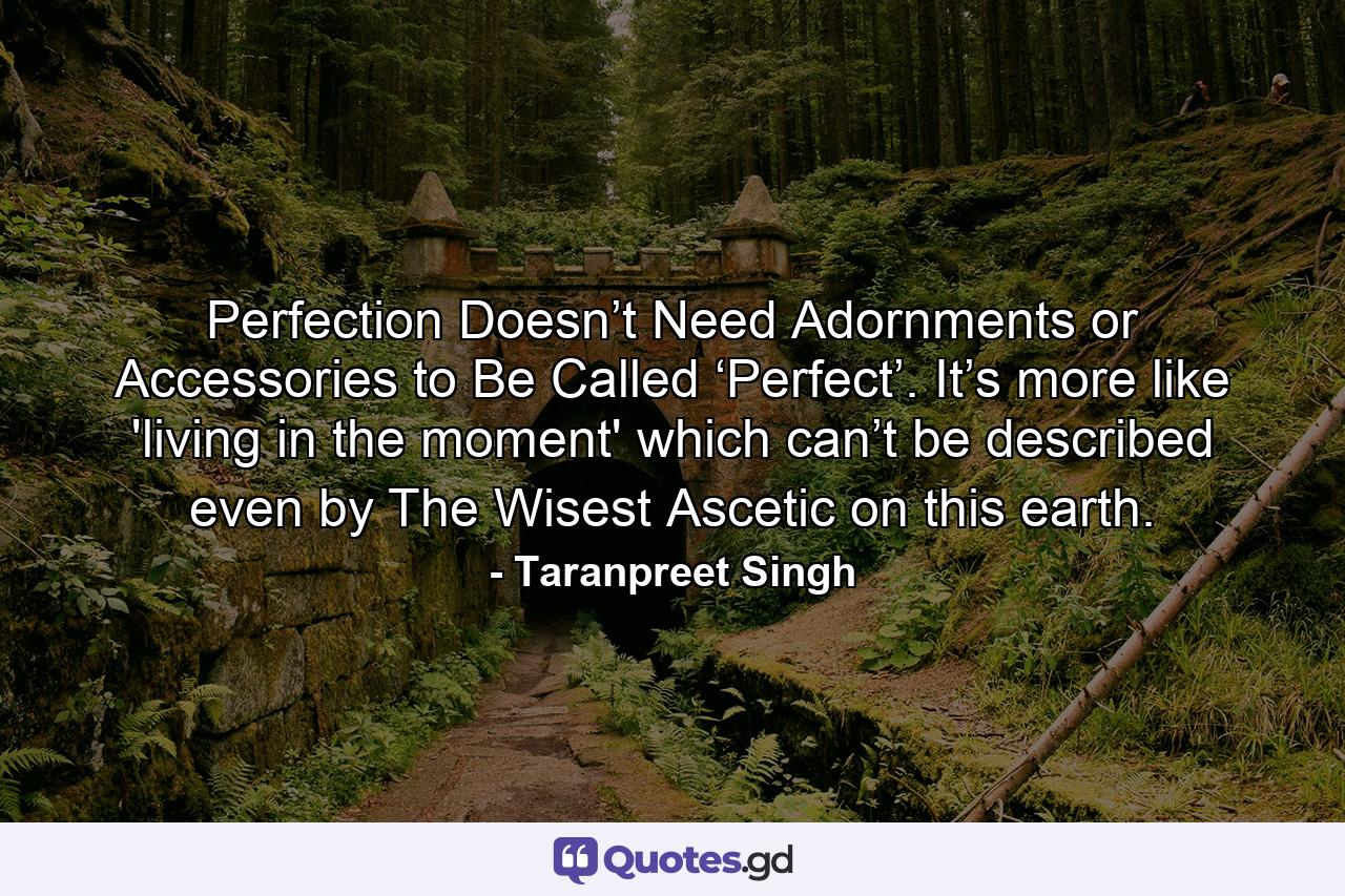 Perfection Doesn’t Need Adornments or Accessories to Be Called ‘Perfect’. It’s more like 'living in the moment' which can’t be described even by The Wisest Ascetic on this earth. - Quote by Taranpreet Singh