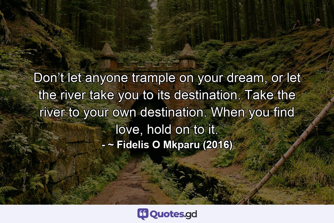 Don’t let anyone trample on your dream, or let the river take you to its destination. Take the river to your own destination. When you find love, hold on to it. - Quote by ~ Fidelis O Mkparu (2016)