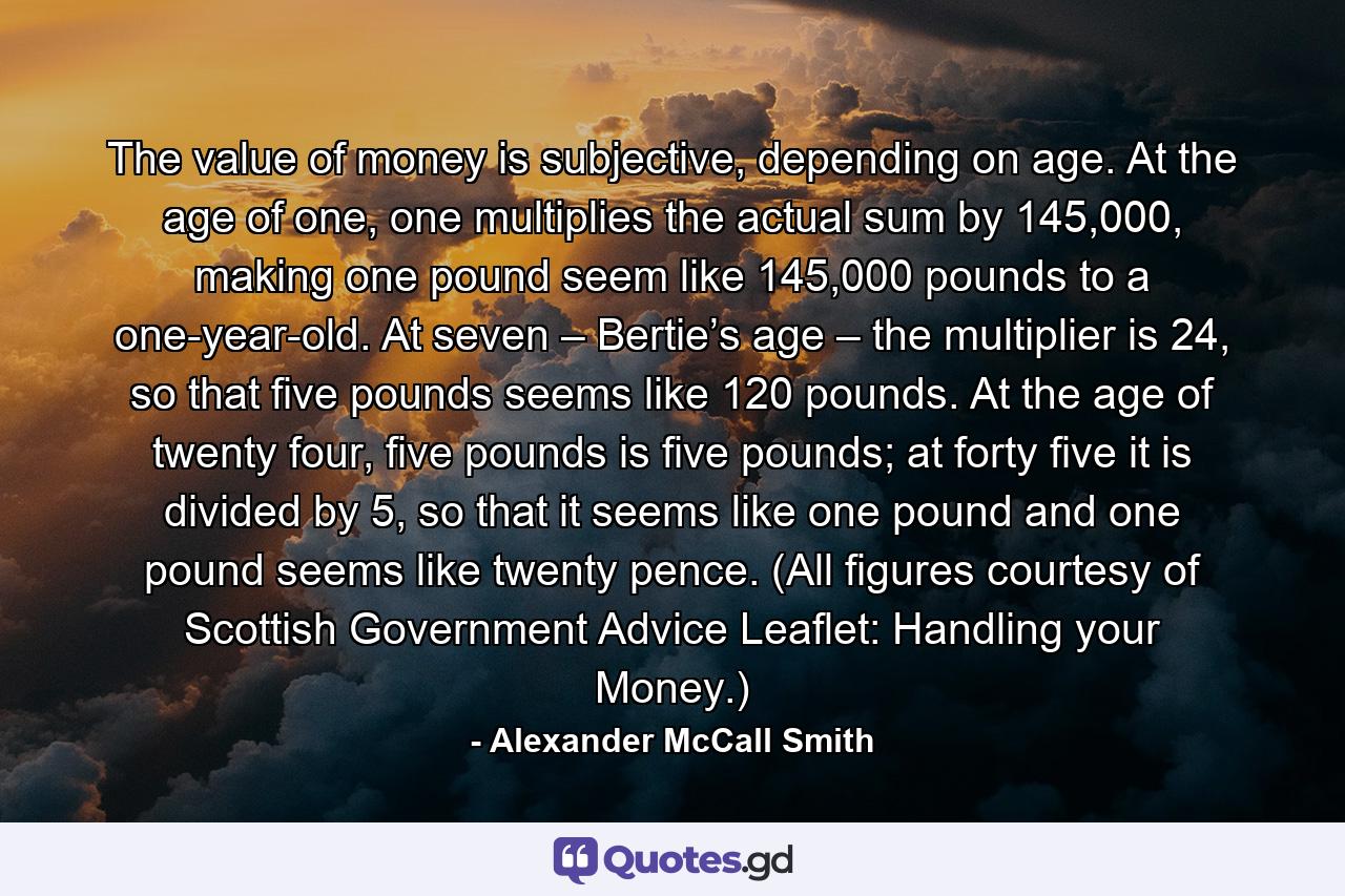 The value of money is subjective, depending on age. At the age of one, one multiplies the actual sum by 145,000, making one pound seem like 145,000 pounds to a one-year-old. At seven – Bertie’s age – the multiplier is 24, so that five pounds seems like 120 pounds. At the age of twenty four, five pounds is five pounds; at forty five it is divided by 5, so that it seems like one pound and one pound seems like twenty pence. (All figures courtesy of Scottish Government Advice Leaflet: Handling your Money.) - Quote by Alexander McCall Smith