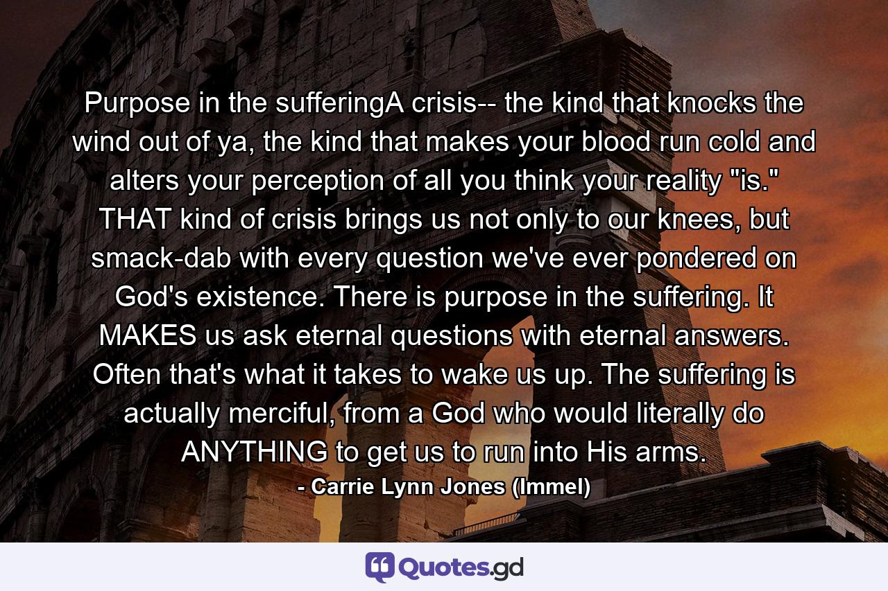 Purpose in the sufferingA crisis-- the kind that knocks the wind out of ya, the kind that makes your blood run cold and alters your perception of all you think your reality 