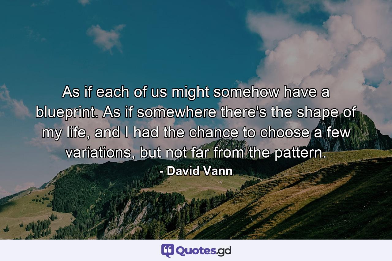 As if each of us might somehow have a blueprint. As if somewhere there's the shape of my life, and I had the chance to choose a few variations, but not far from the pattern. - Quote by David Vann