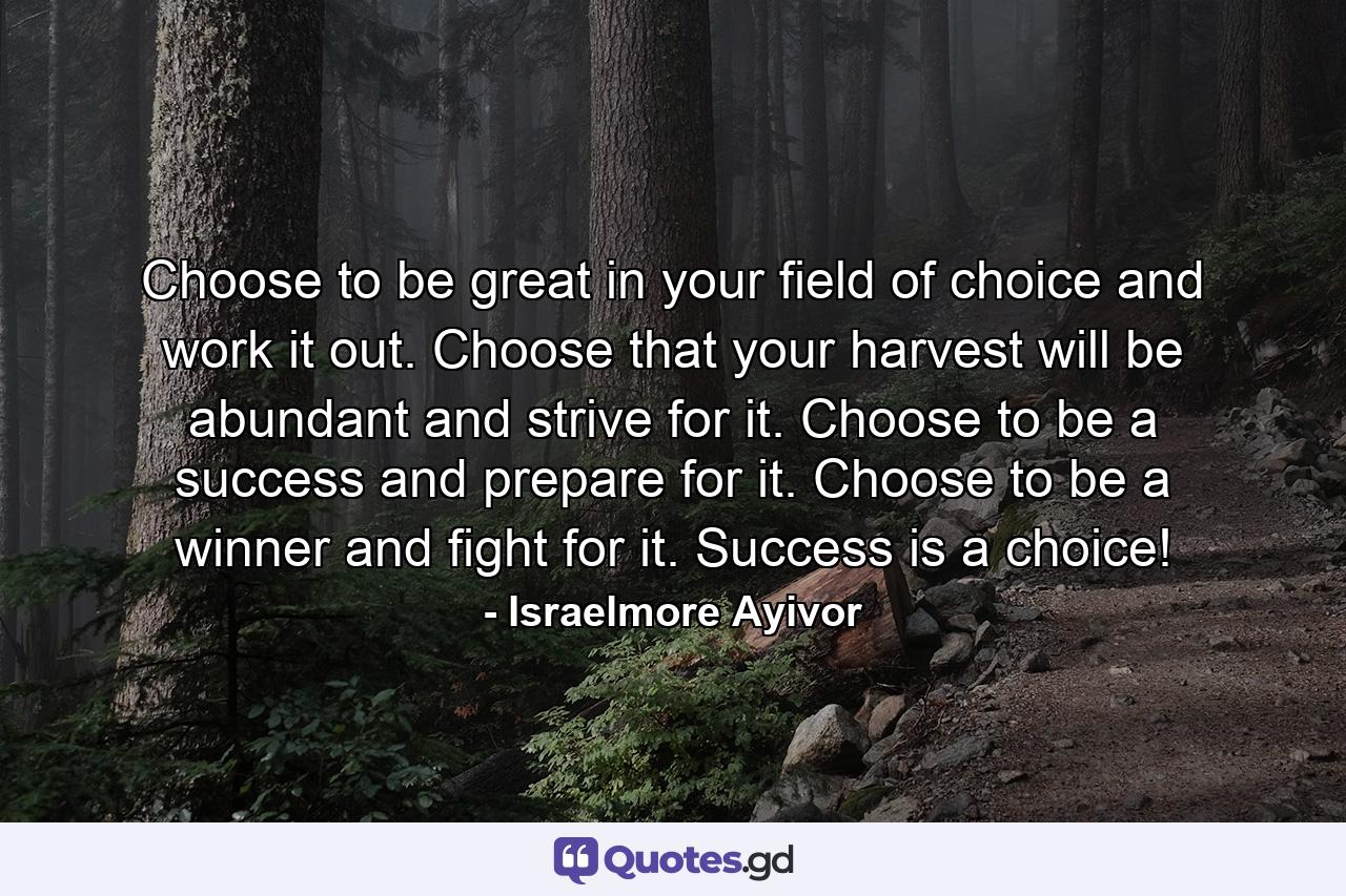 Choose to be great in your field of choice and work it out. Choose that your harvest will be abundant and strive for it. Choose to be a success and prepare for it. Choose to be a winner and fight for it. Success is a choice! - Quote by Israelmore Ayivor