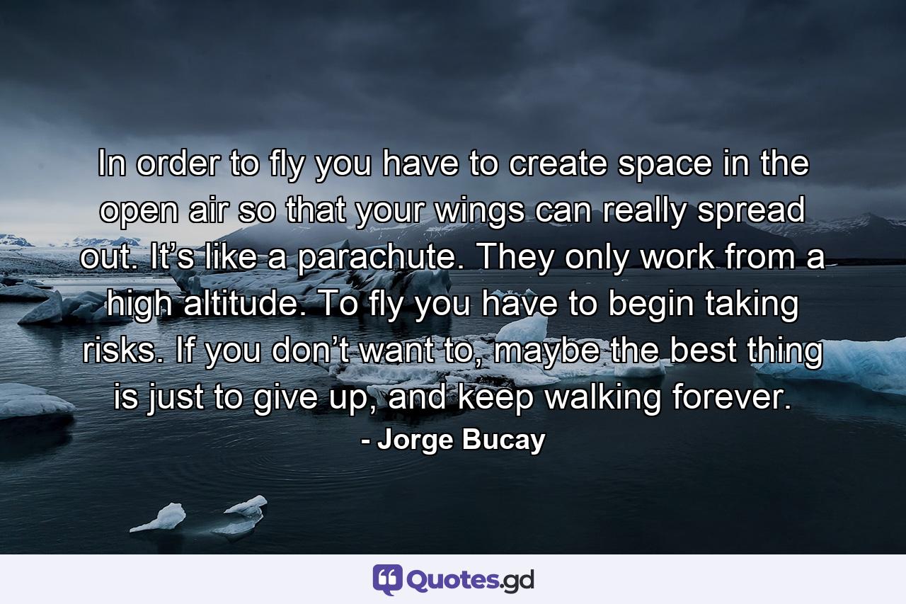 In order to fly you have to create space in the open air so that your wings can really spread out. It’s like a parachute. They only work from a high altitude. To fly you have to begin taking risks. If you don’t want to, maybe the best thing is just to give up, and keep walking forever. - Quote by Jorge Bucay